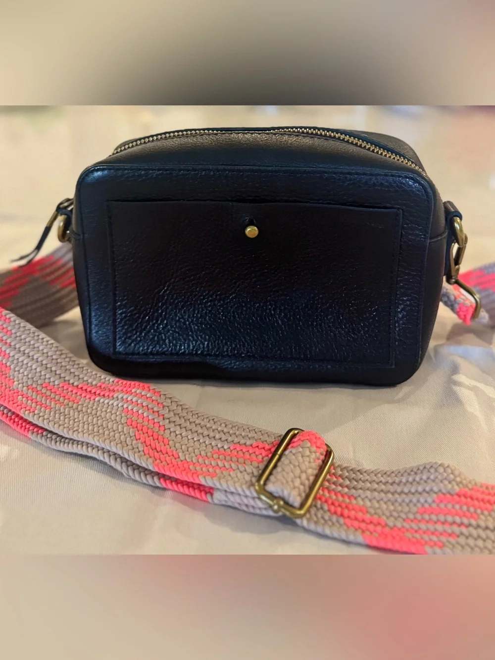 Madewell The Transport Camera Bag Black Leather with Wide and Webbed Strap